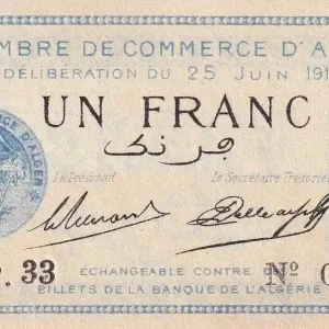 Billet Algérie 1 Franc - Chambre de commerce d'Alger - 1919 - Série P.33 - P.137-12 Petit Prix