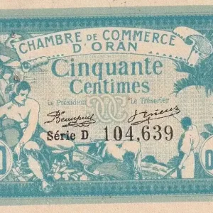 Billet Algérie 50 Centimes - Chambre de commerce d'Oran - 1915 - Série D - P.141.1 Vente Flash