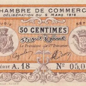 Haute Qualité Billet Algérie 50 Centimes - Chambre de commerce de Bougie-Sétif - 1918 - Série A.18 - P.139.3