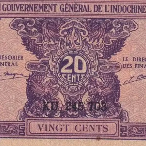 Billet Indo-Chine Fr. 20 Cents - Rose - ND (1942) - Série KU - P.90a Fait Main