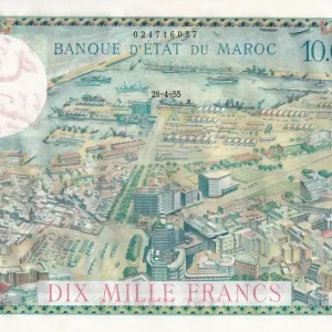 Nouvel Arrivage Billet Maroc 100 Dirhams sur 10000 Francs - Vue de Casablanca - 28-04-1955 - Série R.989 - P.52