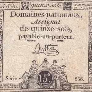 Soldes Billet France 15 Sols - Liberté et Droit 04-01-1792 - Série 868 - Sign. Buttin