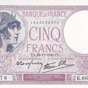 Prix Réduit Billet France 5 Francs - Violet - 28-11-1940 - Série K.66483 - F.04.15