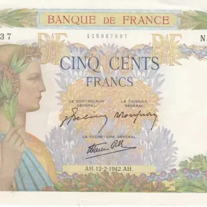 Livraison Gratuite Billet France 500 Francs - La Paix - 12-02-1942 - Série N.4640 - F.32.29