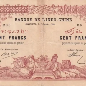 Billet Djibouti 100 Francs - Eléphants - 02-01-1920 - Série C.6 - Kol.606 Meilleure Vente