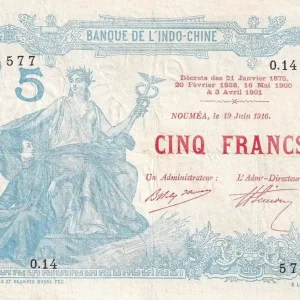 Billet Nle Calédonie 5 Francs - Liberté assise - 19-06-1916 - Série O.14 - Kol.400 Meilleur Choix