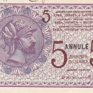 Billet Yougoslavie 5 Dinars - Homme casqué - Spécimen annulé - ND (1919) - P.16s Nouvel Arrivage