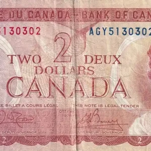 Billet Canada 2 Dollars - Elisabeth II - Chasse - 1974 - Série AGY - P.86a Artisanat