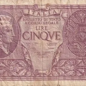 Vente Flash Billet Italie 5 Lire - Femme casquée - 1944 - P.31c