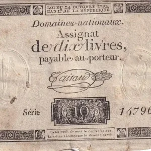 Billet France 10 Livres Noir - (24-10-1792) - Sign. Taisaud - Série variées - L.161b Prix Cassé