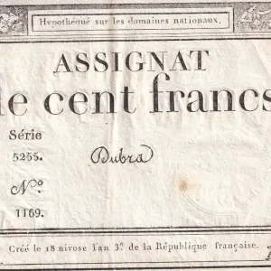 Billet France 100 Francs - 18 Nivose An III - (07.01.1795) - Sign. Dubra - Série 5255 - L.173 Réduction