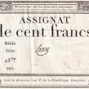Billet France 100 Francs - 18 Nivose An III - (07.01.1795) - Sign. Haze - Série 3920 - L.173 Certifié