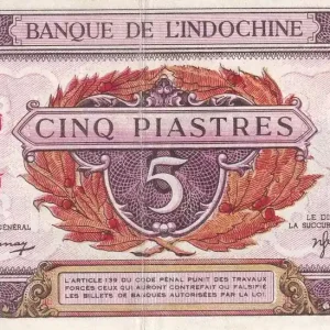 Billet Indo-Chine Fr. 5 Piastres - Rose - ND (1942-1945) - Lettre F- P.64 Top Qualité