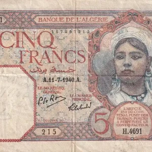 Billet Algérie 5 Francs - Jeune Femme - 11-07-1940 - Série H.4691 - P.77a Quantité Limitée