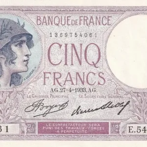 Quantité Limitée Billet France 5 Francs - Violet - 27-04-1933 - Série E.54791 - F.03.17