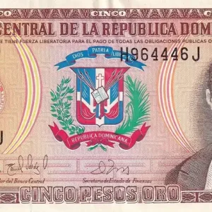 Authentique Billet République dominicaine 5 Pesos Oro - Juan Sanchez Ramirez - 1997 - Série H - P.152b