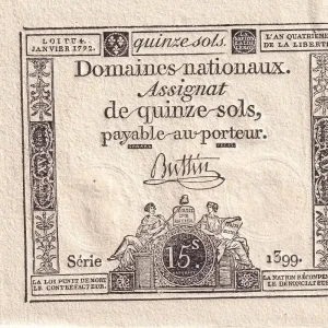 Nouvel Arrivage Billet France 15 Sols - Liberté et Droit 04-01-1792 - Série 1399 - Sign. Buttin
