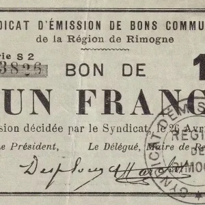 Billet France 1 Franc - Syndicat d'Emission de Bons Communaux - Rimogne - 1917 - Série S.2 - P.08-190 Offre Spéciale