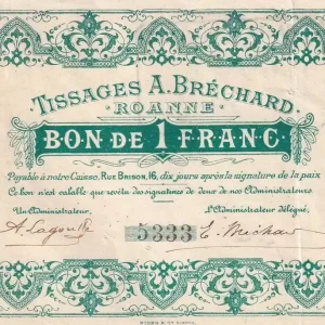 Billet France 1 Franc - Tissage A. Bréchard - Roanne - 1914 - P.42-50 Remise