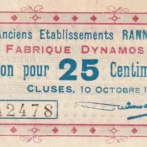Billet France 25 Centimes - Anciens Etablissements Rannaz - Fabrique Dynamos - Cluses - 1916 - P.74-20 Édition Limitée