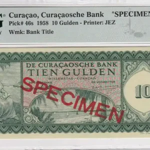 Acheter Direct Billet Curaçao 10 Gulden - Femme assise, port - 1958 - Spécimen - PMG 64 EPQ - P.46s