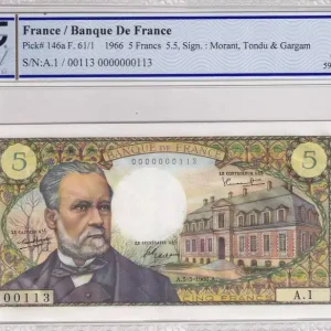 Prix Réduit Billet France 5 Francs - Pasteur - 05-05-1966 - Série A.1 - Numéro 0000000113 - PCGS 64 - F.61.01A1
