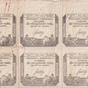 Billet France Planche - 6 X50 Sols - Femmes, bonnet frigien - 04-01-1792) - Série1924 - Sign. Faussay Livraison Express