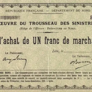 Certifié Billet France 1 Franc - Oeuvre du Trousseau des réfugiés - Lille - 1916
