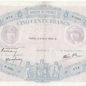 Billet France 500 Francs Rose et Bleu - 06-04-1939 - Série P.3331 Livraison Mondiale