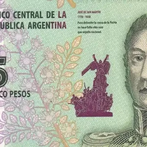 Billet Argentine 5 Pesos - J. San Martin - Bolivar, Mendoza, Artigas - ND (2015) - Série A - P.359 Pas Cher
