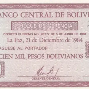 Billet Bolivie 100000 Pesos Bolivianos -Mercure - 1984 - Série A - P.188 Jusqu’à Épuisement Des Stocks