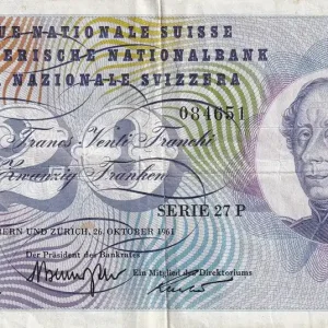 Billet Suisse 20 Francs - Guillaume-Henri Dufour - Chardon argenté - 1961 - P.46i Top Qualité