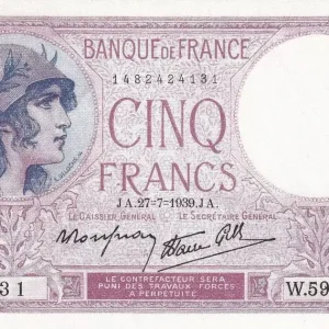 Solde Billet France 5 Francs - Violet - 27-07-1939 - Série W.59297 - F.04.03