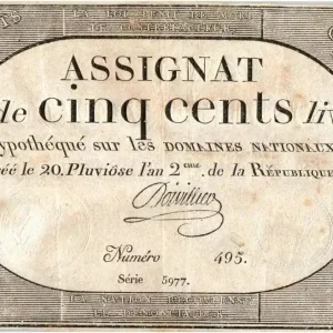 Billet France 500 Livres 20 Pluviose An II (8.2.1794) - Sign. Doivillier Prix Cassé