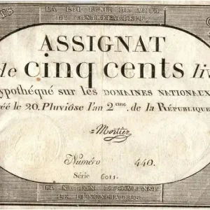 Billet France 500 Livres 20 Pluviose An II (8.2.1794) - Sign. Mortier Promotion