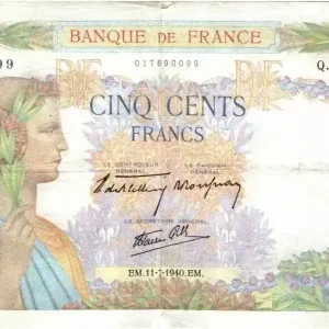 Seulement Aujourd’hui Billet France 500 Francs La Paix - 11-07-1940 Série Q.708