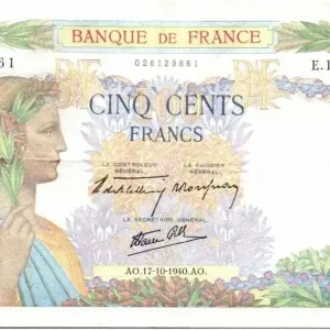 Billet France 500 Francs La Paix - 17-10-1940 Série E.1046 Populaire