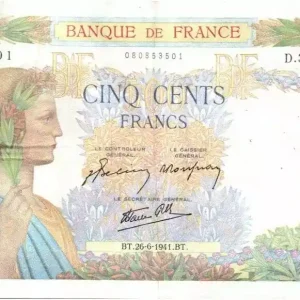 Billet France 500 Francs La Paix - 26-06-1941 Série D.3235 Prix Promo