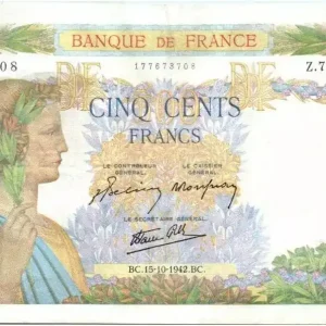 Billet France 500 Francs La Paix - 15-10-1942 Série Z.7107 Meilleure Qualité