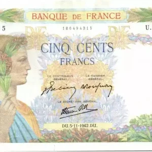 Billet France 500 Francs La Paix - 05-11-1942 Série U.7460 Prix Promo