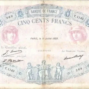 Billet France 500 Francs Rose et Bleu - 11-07-1929 Série T.1143 Produit De Marque