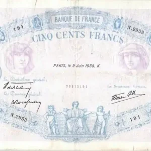Billet France 500 Francs Rose et Bleu - 09-06-1938 Série N.2953 Retour Gratuit