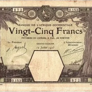 Billet B A O 25 Francs Grand-Bassam - Eléphant - 1923 Série O.153 Usine Directe