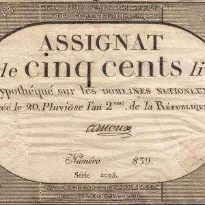 Retour Gratuit Billet France 500 Livres 20 Pluviose An II (8.2.1794) - Sign. Arnoux