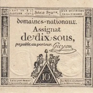 Billet France 10 Sous Noir (04-01-1792) - Sign. Guyon Série 872 Produit De Marque