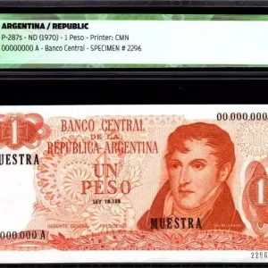 Billet Argentine 1 Peso M. Belgrano - Spécimen - 1970 - ICG AU/UNC60 - P.287s Prix Réduit