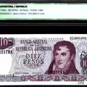 Billet Argentine 10 Pesos M. Belgrano - Spécimen - 1970 - ICG AU/UNC60 - P.289s Petit Prix