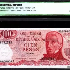 Commander Vite Billet Argentine 100 Pesos J. San Martin - Spécimen - 1972 - ICG UNC63 -P.291s