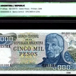 Top Qualité Billet Argentine 5000 Pesos J. San Martin - Specimen - 1977 - ICG AU/UNC60 - P.305as