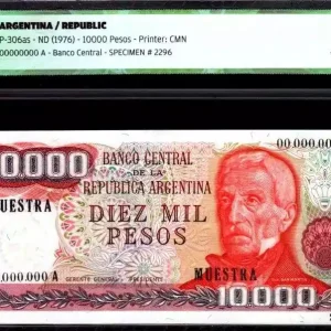 Prix Cassé Billet Argentine 10000 Pesos J. San Martin - Specimen - 1976 - ICG UNC63 - P.306as